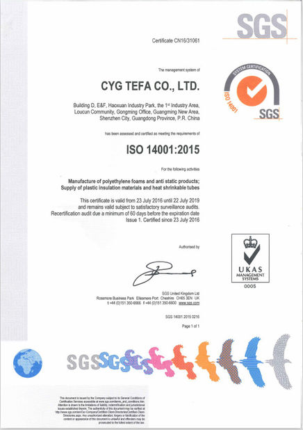 Chiny Cyg Tefa Co., Ltd. Certyfikaty